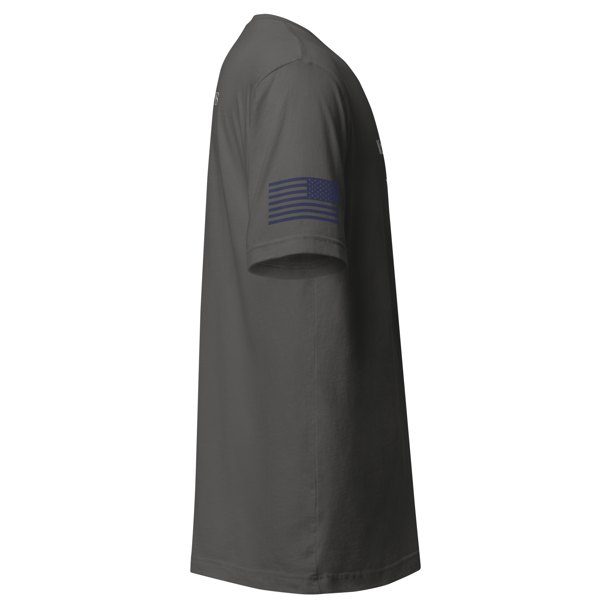 EN-250-002 left sleeve — subdued American flag, tonal navy on asphalt